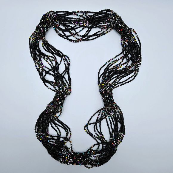 Glass Seed Bead Necklace Multi Strand Black Colorful Tubular Band Statement Boho - Picture 6 of 8